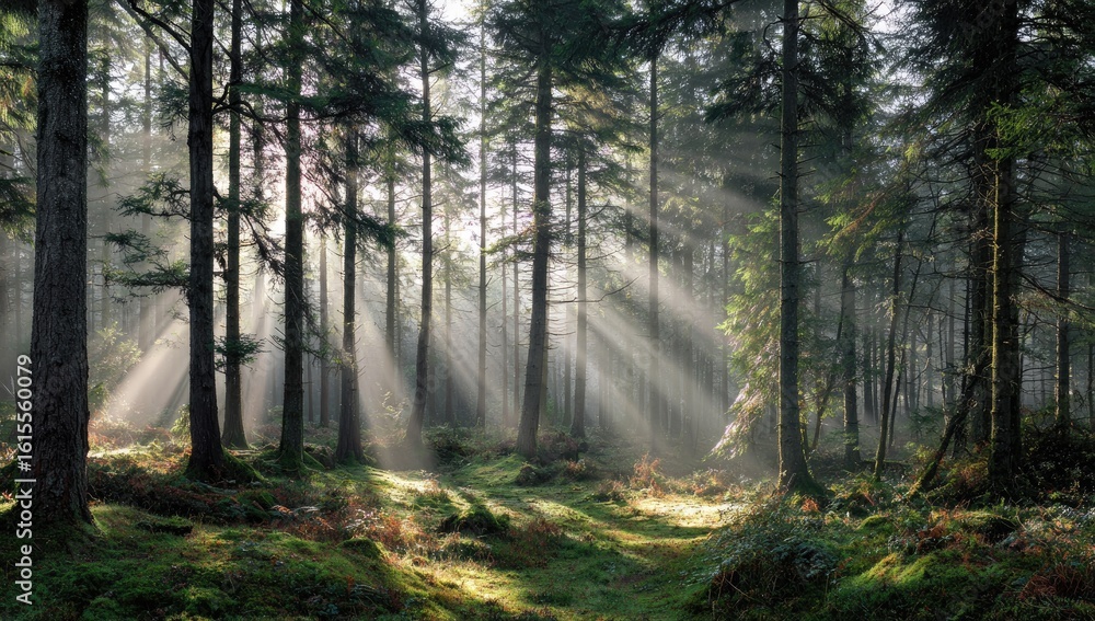 Fototapeta premium Sunlight streams through misty forest