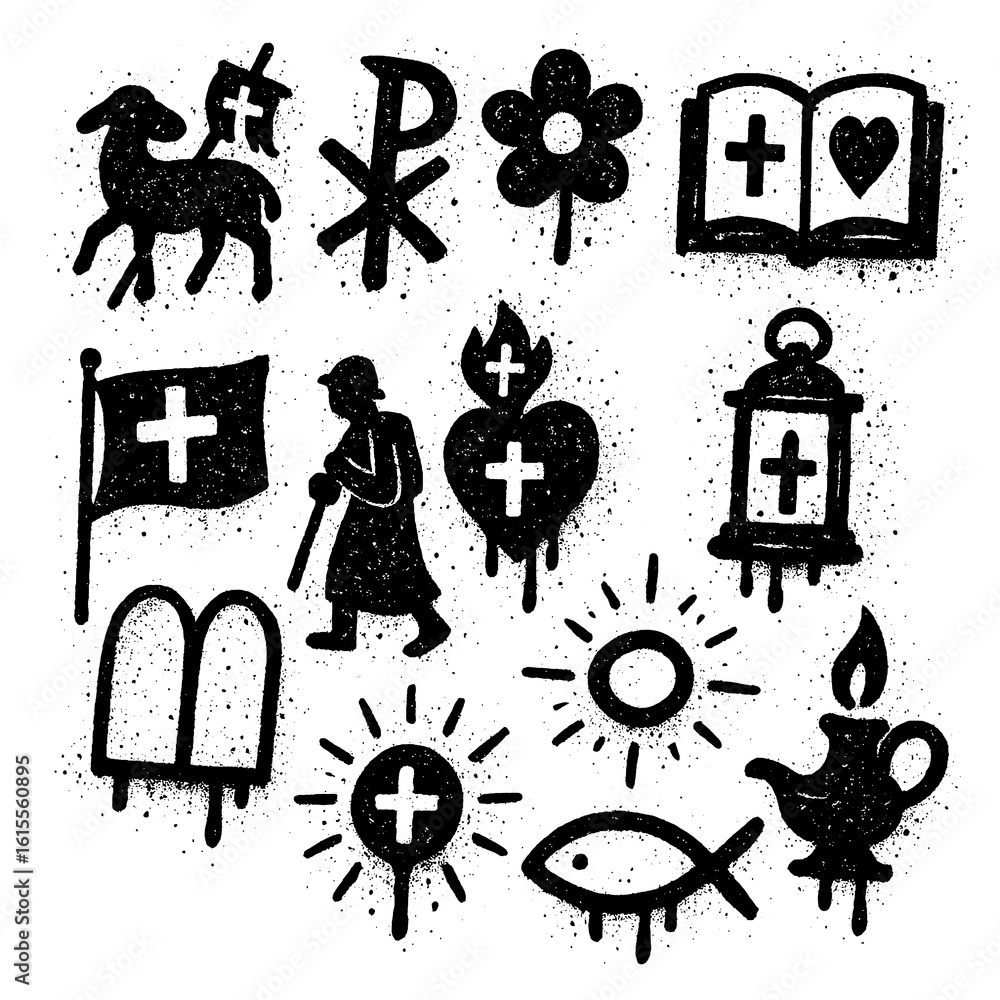 Fototapeta premium Christian graffiti icons with crosses bible angel dove church and candle, Transparent Background