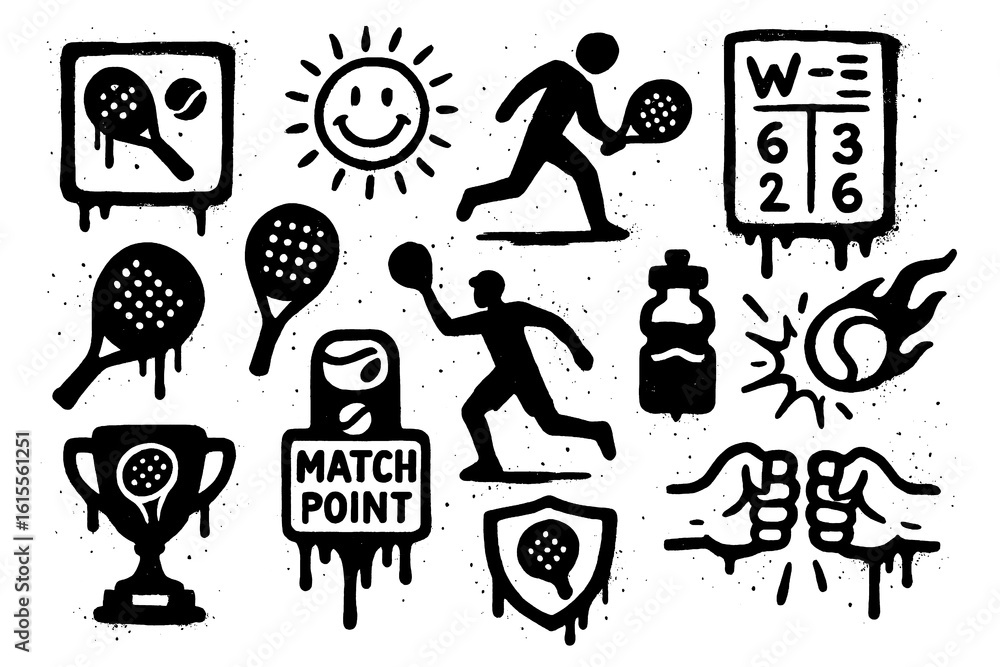 Obraz premium Grunge padel icons with dripping paint effect, rackets balls and court elements, Transparent Background