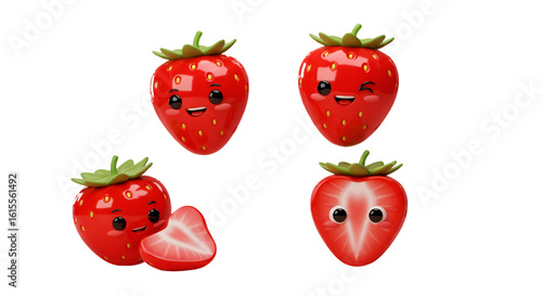 Cute Strawberry Characters With Red Berries Isolated On Transparent Background 3D Illustration