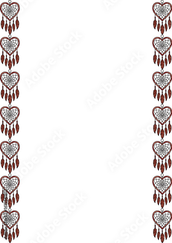 Seamless vector border design featuring heart-shaped dream catchers with brown feathers, perfect for invitations, cards, or scrapbook pages.