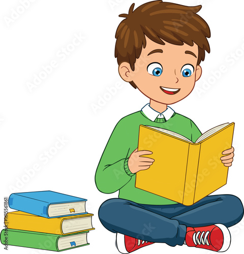 Cartoon boy reading book, sitting on floor, happy child with books, education concept, learning time, school student character