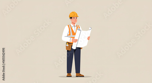 Professional engineer in a hard hat and safety vest reviewing construction blueprints for a project. Flat vector character illustration.