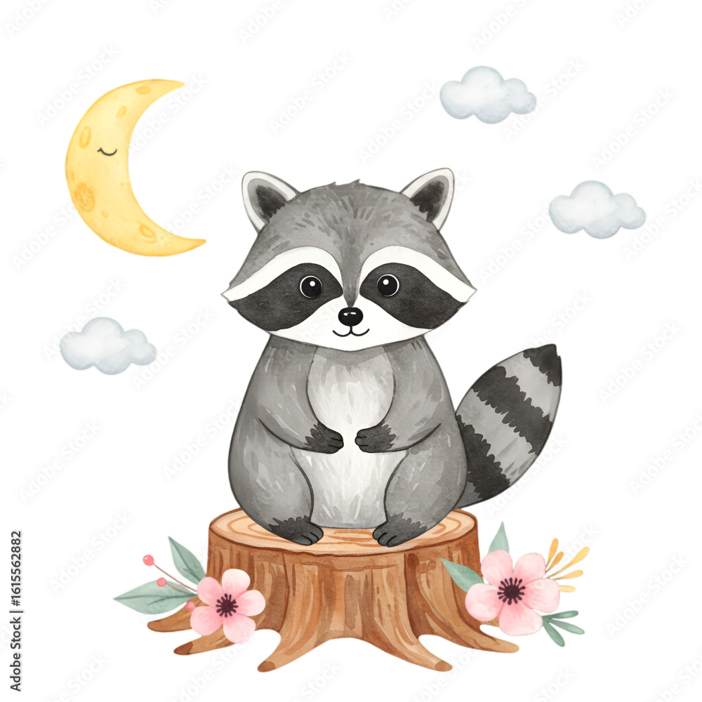 Fototapeta premium Cute Watercolor Raccoon Illustration Sitting On Wood With Moon And Clouds
