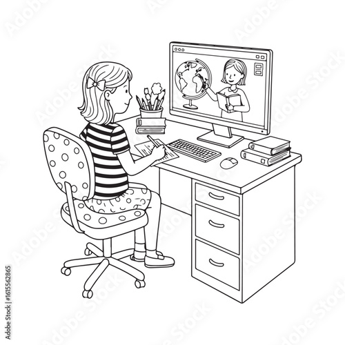 A young girl sits at a desk, participating in a virtual learning session.