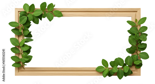 Decorative Wooden Frame With Green Leaf Elements Isolated On Transparent Background
