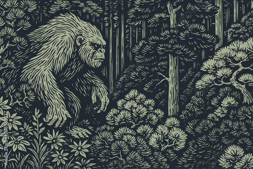 The legendary creature Bigfoot, or Sasquatch, walks through a dense, dark forest. Vector illustration in a detailed, hand-drawn vintage woodcut style.