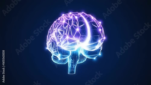 Glowing polygonal brain model, vibrant blue and purple hues, nodes connected by lines against a dark background, illustrating complex neural network