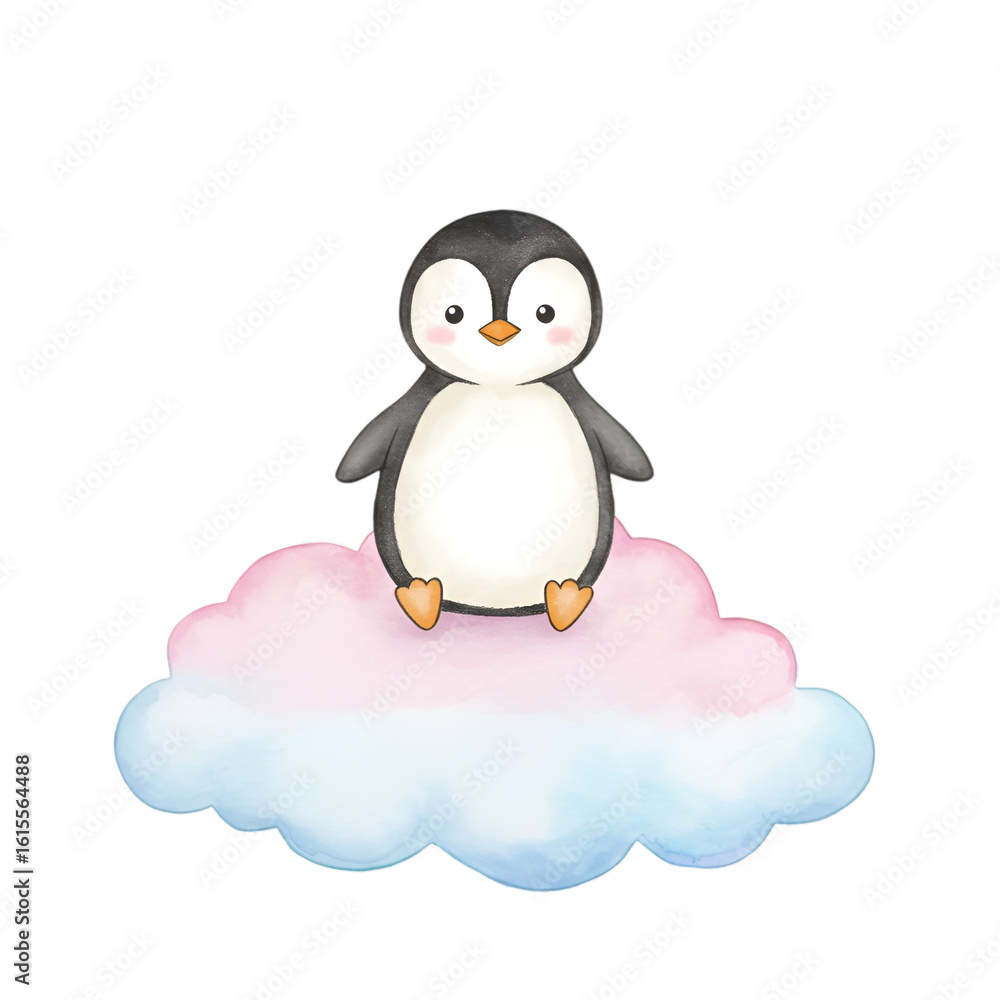 Naklejka premium Cute Penguin Illustration Sitting On A Pink And Blue Cloud Isolated