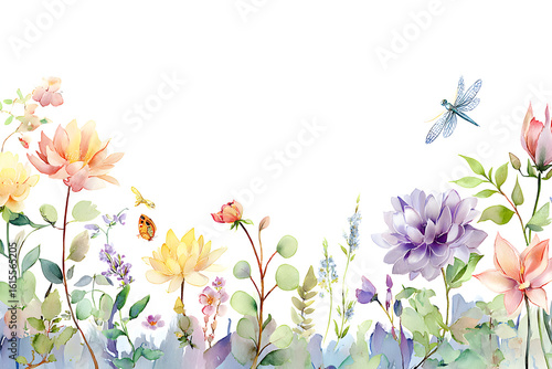 Watercolor floral border featuring pastel peonies lavender and wildflowers with delicate leaves and open white center perfect for wedding stationery