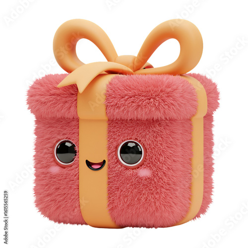 Cute Furry Gift Box Illustration Isolated on Transparent Background in 3D Render