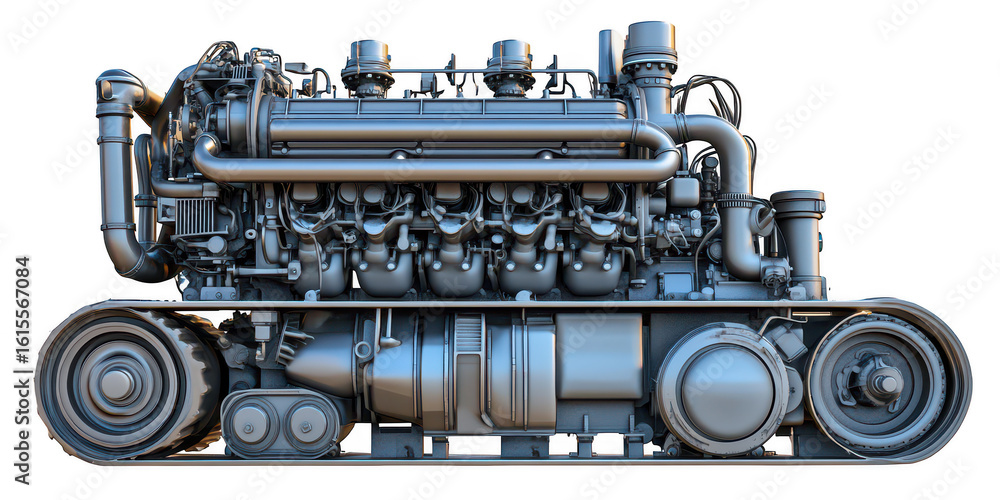 Obraz premium Heavy Duty Diesel Engine on Tracks, Metallic, Industrial Design png