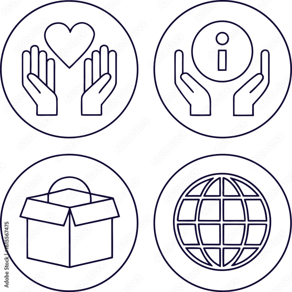 Obraz premium Four circular icons with dark blue outline graphics of helping hands heart information symbol and donation box