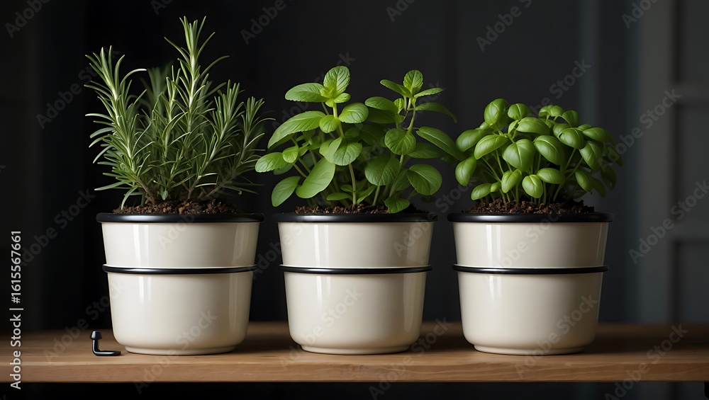 Fototapeta premium Fresh Basil Plant in Black Pot on Wooden Shelf with Dark Background – Indoor Herb Garden Concept