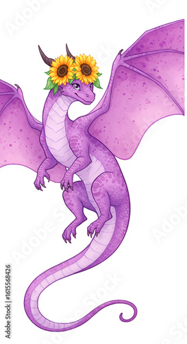 Cute Illustration Of A Smiling Purple Dragon Wearing Sunflower Floral Crown