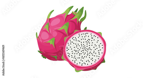 Dragon Fruit Whole and Halved Exotic Produce Illustration