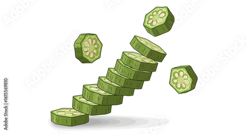 Sliced Okra Vegetable Falling or Stacked Illustration