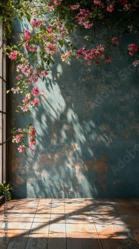 Indoor Scene with Pink Flowers and Sunlight Shadow on Wall