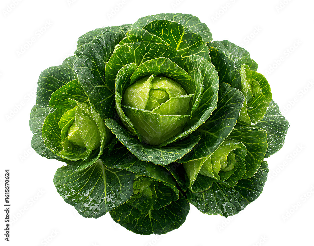 Fototapeta premium AI generated crisp image of vibrant green cabbage arranged in circular formation, showcasing its fresh-picked quality and tightly packed leaves against clean white background