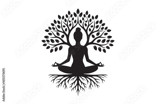  woman tree yoga illustration vector