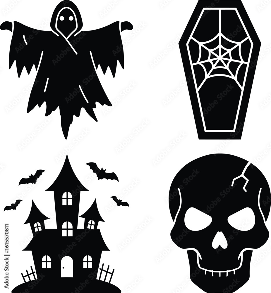 Fototapeta premium A set of halloween vector icons featuring a ghost, a coffin, a skull, and a haunted house isolated on white background