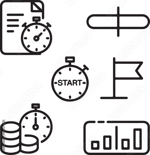 Time and Task Icons Set Task Duration, Time Budgeting, Split Time, Start Time, End Time, and Tracked Hours Outline Symbol Pack