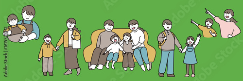 ソファに座る四人家族のセット