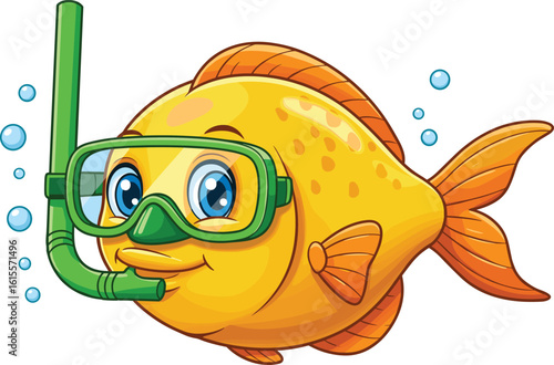 Cute cartoon yellow fish with snorkel and goggles, underwater animal illustration, swimming character, aquatic marine life drawing, kids artwork