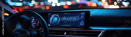 Futuristic Car Interior: Illuminated Dashboard Display at Night with City Lights