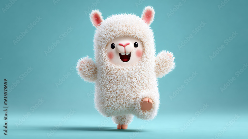Fototapeta premium Cute alpaca cartoon, A joyful 3D cartoon of a fluffy alpaca running, perfect for playful and whimsical imagery.