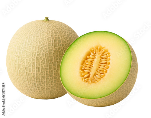 Fresh whole melon beside a juicy half-cut for food ads, packaging, or healthy lifestyle visuals
