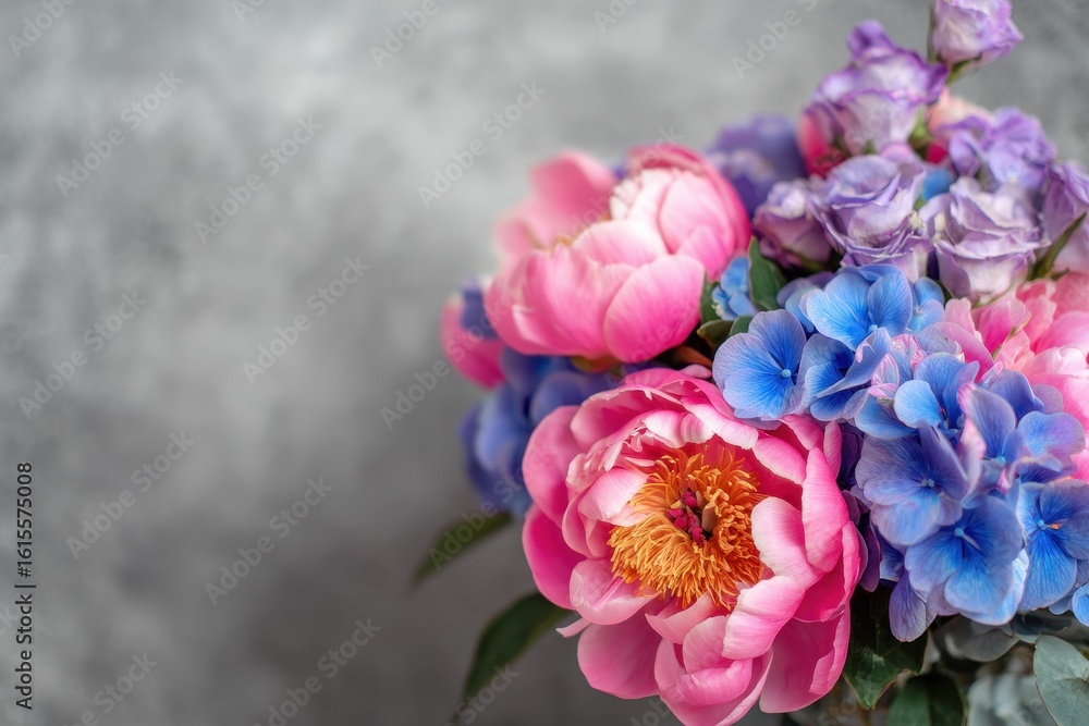 Fototapeta premium Bouquet of vibrant pink peonies eustomas and blue hydrangeas against a gray bokeh backdrop