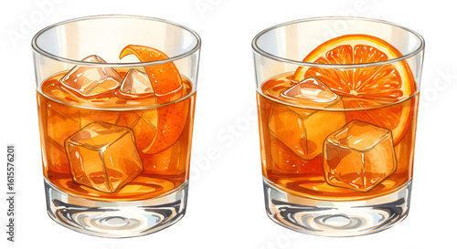 Detailed Illustration Of Two Refreshing Orange Cocktails With Ice In Glass