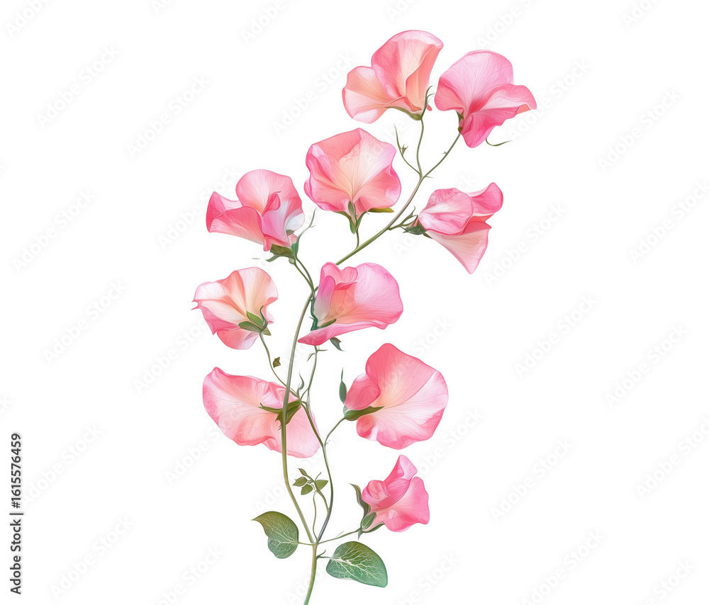 Elegant botanical illustration of pink sweet peas against a dramatic transparent background Elegant botanical illustration of pink sweet peas against a dramatic transparent background