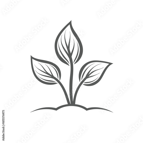 Stylized grey plant sprout with three leaves growing from ground growth nature