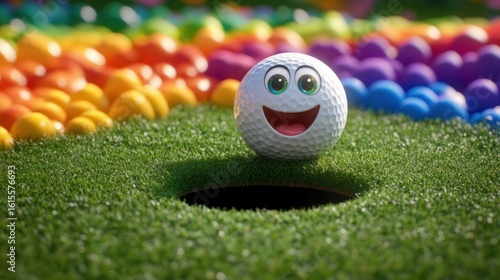 Smiling golf ball in a colorful mini-golf hole