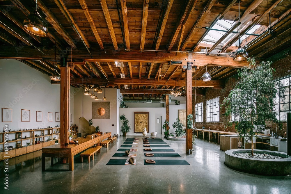 Fototapeta premium Spacious light-filled yoga studio with exposed wooden beams