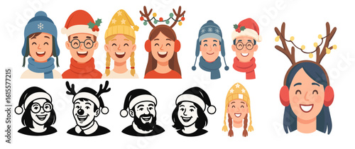 Colorful and monochrome cartoon avatars celebrate Christmas, wearing Santa hats, reindeer antlers, cozy caps, scarves and earmuffs, ideal for cheerful holiday graphics. Vector