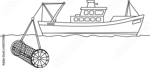 Fishing boat at sea, commercial fishing vessel, trawler ship with net, ocean water, maritime transport, fishing industry, vector line art