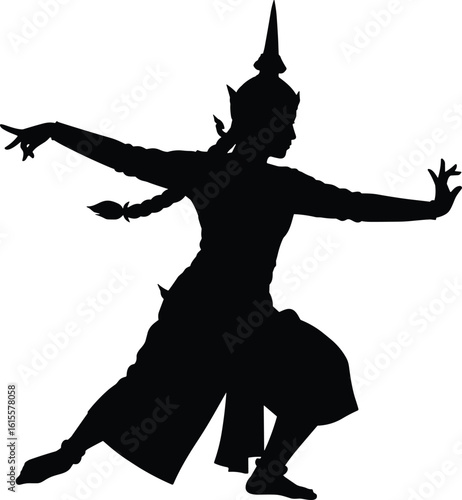 Silhouette of traditional Thai dancer in classical pose, cultural dance illustration, Southeast Asian costume, graceful movement, ethnic performance, vector art isolated design