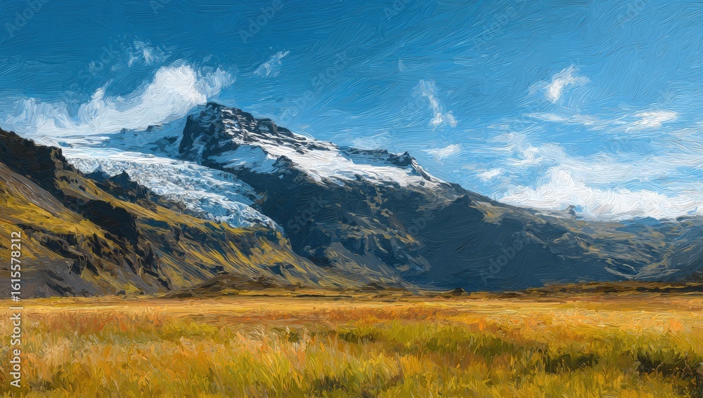 Mountain range, glacier, golden field, vibrant colors Mountain range, glacier, golden field, vibrant colors