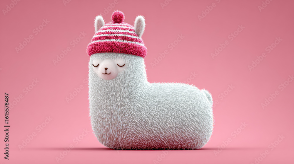 Obraz premium Cute alpaca cartoon, Sleepy cartoon alpaca wearing a nightcap in a whimsical 3D illustration.