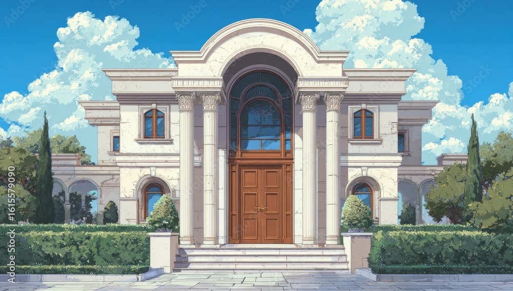 Obraz premium Grand, light-beige mansion with columns and archways