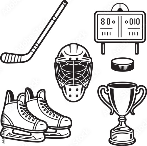 Vintage Ice Hockey Line Icon Collection Wooden Stick, Old Leather Skates, Retro Goalie Mask, Manual Scoreboard, Classic Puck, and Trophy