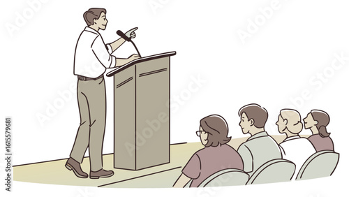Man Giving Presentation at Podium to Attentive Audience Simple Line Art Illustration