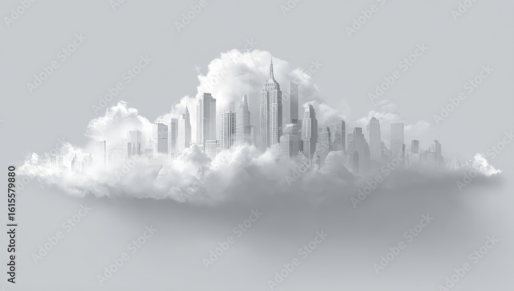 Fototapeta premium City nestled in a large, white cloud