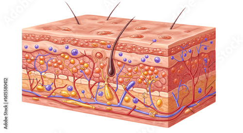 Detailed Skin Anatomy Illustration Showing Layers and Structures
