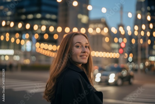 Woman smiling with city lights background red hair