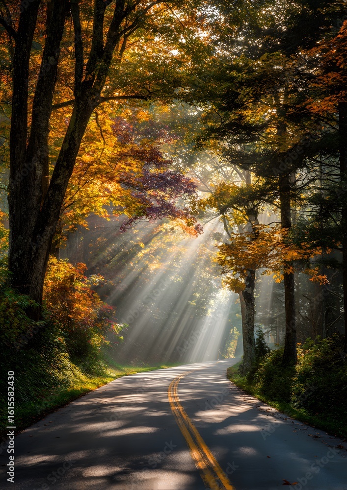 Obraz premium long road lined with fall trees and sun rays