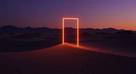 Leinwandbilder Aubergine Glowing rectangular portal illuminates a desert landscape at dusk with dramatic sunset colors  © MdMashud
